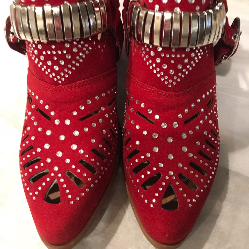 Red Studded Western Ankle Boots with Silver Buckles - Picture 6 of 11
